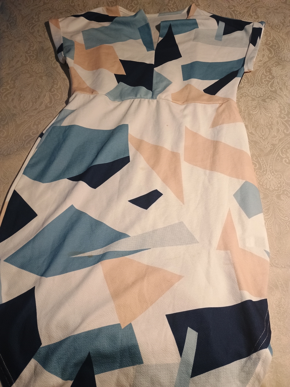 Geometric Print Short-Sleeve Midi Dress in Blue, Beige & Navy